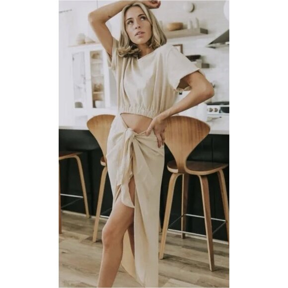 FREE PEOPLE Rae Waist Cutout Asymmetric Dress in Summer Khaki Size Large - Picture 1 of 14